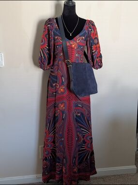 Farm Rio Macaw Arabesque Maxi Dress Eco-Viscose XS V-neck Puff Sleeve